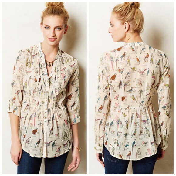 Anthropologie Tops - Anthropologie Maeve Bird Print Pintuck Blouse